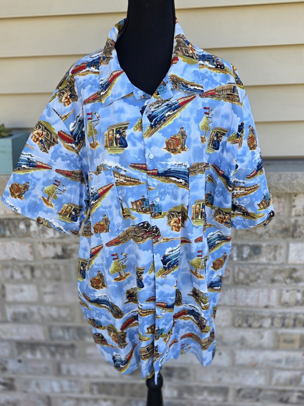 Handmade Train Print Shirt XXL Railroad Locomotive Snap Front